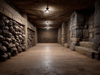 Eerie interior view of a hallway within ancient catacombs, lined with stacked human skulls and bones.