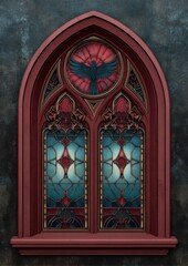 Elaborate Gothic window featuring stained glass with a stylized bird in flight.
