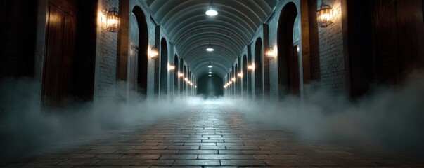 Fototapeta premium Mysterious, atmospheric scene of a long, dimly lit corridor with arched ceilings.