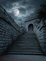 Mysterious stone staircase lit by a single lamp under a full moon.