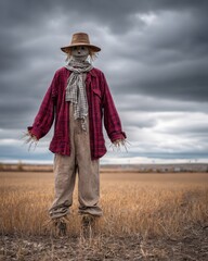 Fototapeta premium Scarecrow stands alone in a harvested field beneath a dramatic, cloudy sky.