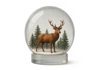 Festive deer stag in snow globe with winter forest, falling snow, christmas holiday spirit, transparent background
