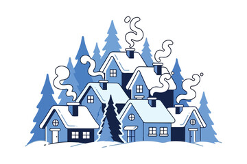 Village winter snow houses trees smoke chimney vector