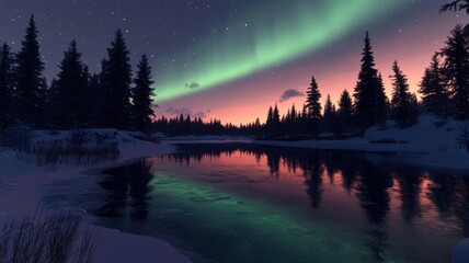 Fototapeta premium Northern lights over snowy forest and frozen lake with silhouetted pine trees under a colorful night sky