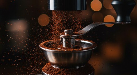 Coffee Grinder Grinding Coffee Beans Close Up.