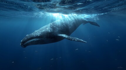 Underwater Scene of Whale Surrounded by Fish and Sunbeams in Ocean Depths