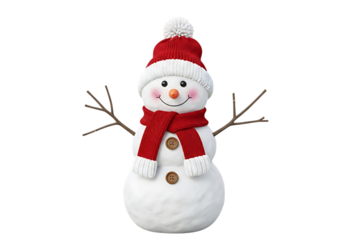Charming snowman festive holiday decoration with red scarf and hat for winter season isolated on transparent background