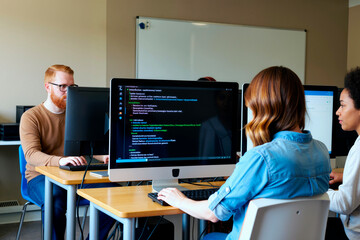 Group of young multiethnic women and man working on computers in modern classroom, female students coding on desktop monitors while male student focusing on his screen