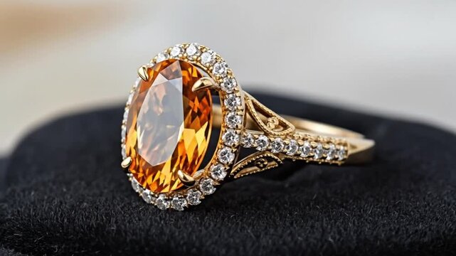 Elegant citrine ring with diamond halo on a black velvet cushion