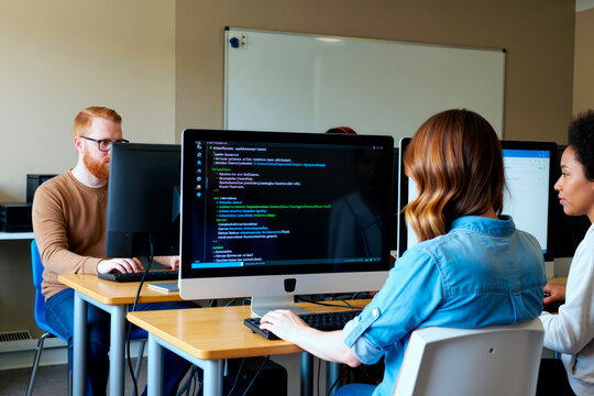 Group of young multiethnic women and man working on computers in modern classroom, female students coding on desktop monitors while male student focusing on his screen - Powered by Adobe