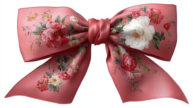 Romantic pastel pink satin ribbon bow with long flowing tails decorated with delicate toile de jouy floral patterns, elegant gift, wedding, party, or craft design.