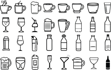 Collection of beverage icons featuring coffee cups, beer mugs, wine glasses, bottles, and cocktail glasses — minimalist line art style perfect for menus, bars, cafés, and design projects.