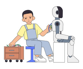 Technician repairing humanoid robot