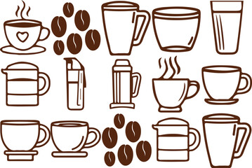 Set of hand-drawn coffee icons featuring cups, mugs, coffee beans, and drink containers — minimalist brown line art perfect for café logos, menu design, and coffee shop branding.