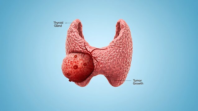 3d render of a thyroid gland with a tumor and labels indicating nodule and growth
