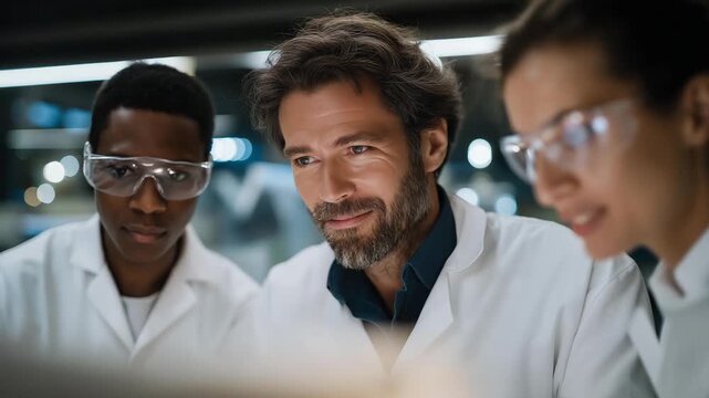 Team of scientists calibrating nanofabrication tools for graphene production, emotion of collaboration and progress visible, symbolizing emerging nanotechnology breakthroughs, material conductivity