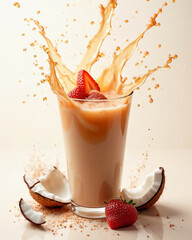 Coconut milk splash with strawberries and biscuit crumbs in dynamic motion