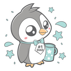 Cute Penguin with #1 Dad Bib and Mug Illustration