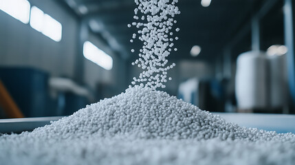 Capture of white granules being poured onto a mound in an industrial setting, showcasing material handling, production, and bulk materials in a manufacturing environment.