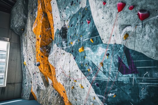 Indoor rock climbing wall showcasing various climbing routes in a modern facility