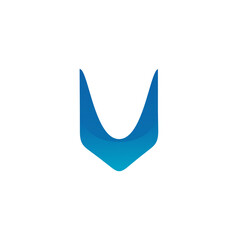 Abstract azure down pointing chevron symbol with a smooth gradient and curved form, suggesting navigation, direction, or a graphical brand identity design element and visual presentation