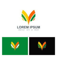 Vibrant abstract logo design featuring symmetrical geometric shapes in yellow, orange and green against white, green and black backgrounds ideal for branding material