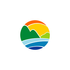 Scenic Mountain and Ocean Vista Graphic Emblem, a picturesque round illustration featuring lush mountains, serene waters, and a radiant sky, creating a vibrant landscape badge