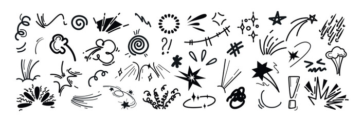 Naklejka premium Hand drawn marker line movement elements, anime manga doodle icon set. Black comic emotion symbols, emoji. Explosion effects, expression signs, emphasis, exclamation mark, action lines in sketch style