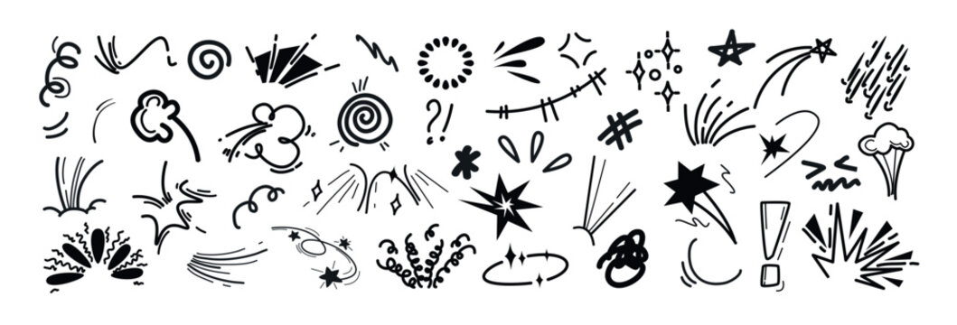 Hand drawn marker line movement elements, anime manga doodle icon set. Black comic emotion symbols, emoji. Explosion effects, expression signs, emphasis, exclamation mark, action lines in sketch style