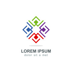 Vibrant Collaborative Harmony: An Emblematic Icon Reflecting Unity, Interconnectivity, and Dynamic Teamwork Through Abstract Geometric Forms in Multicolored Design