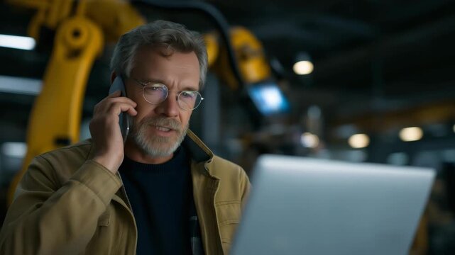 Veteran engineer supervising robotic maintenance through holographic interface, emotion of concentration visible, showcasing experienced professionals guiding modern AI machinery in evolving smart