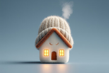 Cozy white house icon with knitted hat and glowing windows on a calm background