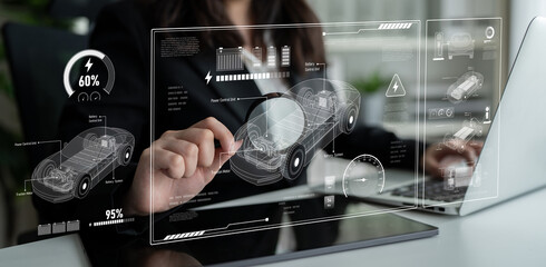 Technical layout of electric vehicle showing battery system, power control, traction motor, charging interface, and integration with renewable and smart energy sources Latch