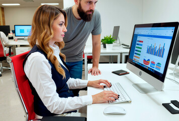 Young woman working at computer analyzing financial charts while Young man standing beside desk observing data on large monitor in modern office setting