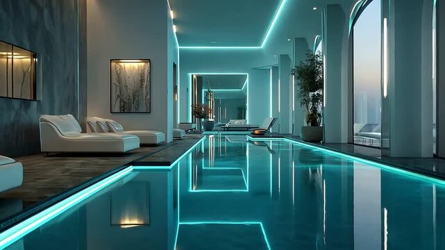 Futuristic Modern Lounge with Neon Blue Lighting and Sleek Interior Design