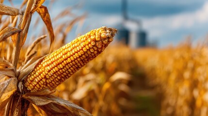 Wind Damaged Corn. Closeup of Ripe Yellow Corn Crop in Farmer Field