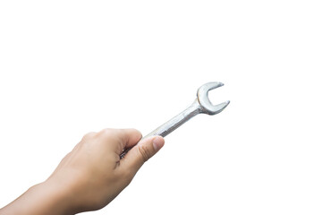 Hand Holding Metal Wrench or Spanner Isolated on White Background