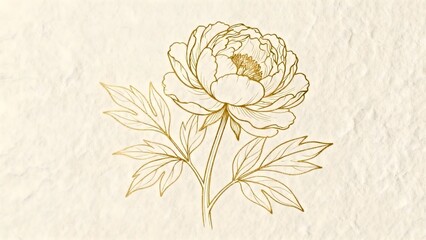 Minimalist floral line art featuring peony and leaves drawn in single stroke gold ink on textured paper. Elegant fine-art poster perfect for interior decor or branding