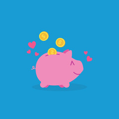 Love saving money concept. Flat illustration showing coins falling into a happy piggy bank surrounded by small hearts. Cute smiling pink piggy bank receiving dollar coins and surrounded by hearts