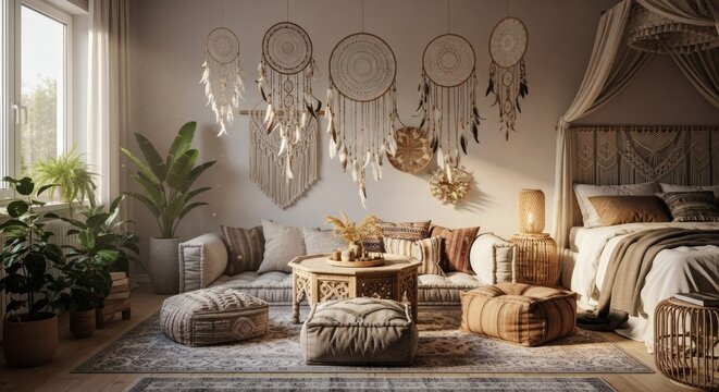 Bohemian Sanctuary Dream Catchers And Indoor Plants Create A Tranquil Interior