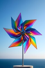 Fototapeta premium Colorful pinwheel against a bright blue sky creating a vibrant and cheerful atmosphere outdoors