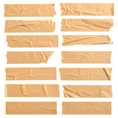 Masking Tape: Strips of beige masking tape showcasing textures of adhesion, torn edges, and creased paper. This image is ideal for illustrating repair, craft and artistic projects.