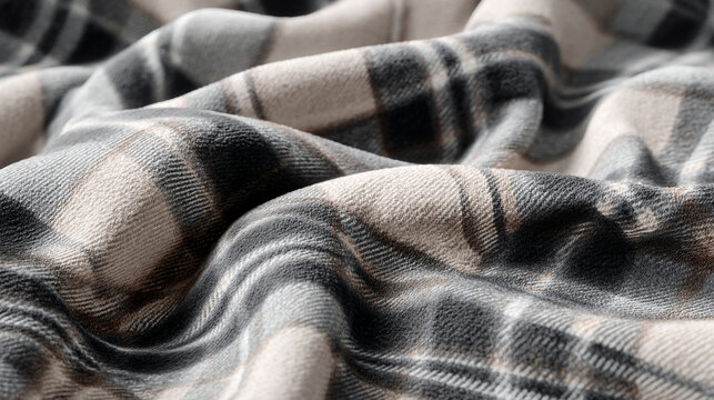 Close up of a folded gray and white plaid flannel fabric with a soft and textured appearance