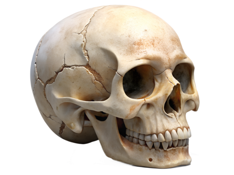 A realistic human skull isolated on transparent background, a symbol of death, mortality, and anatomy