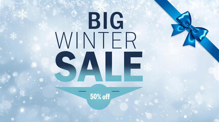 Big winter sale advertisement with ribbon and snowflakes on a blue background