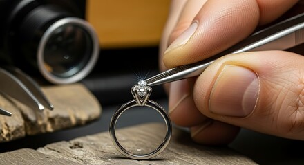 A jeweler inspects a solitaire diamond ring with professional tools