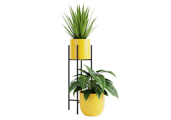 Modern Two-Tier Yellow Metal Plant Stand with Pots