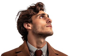 Man in suit looking upwards on transparent background