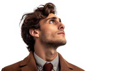 Man in suit looking upwards on transparent background