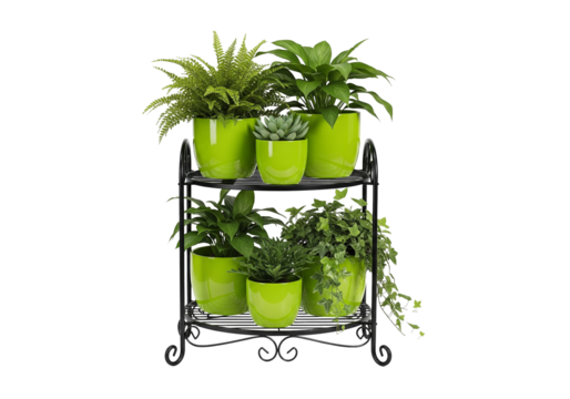 Multi-Tier Black Metal Plant Stand with Lime Green Pots and Succulents